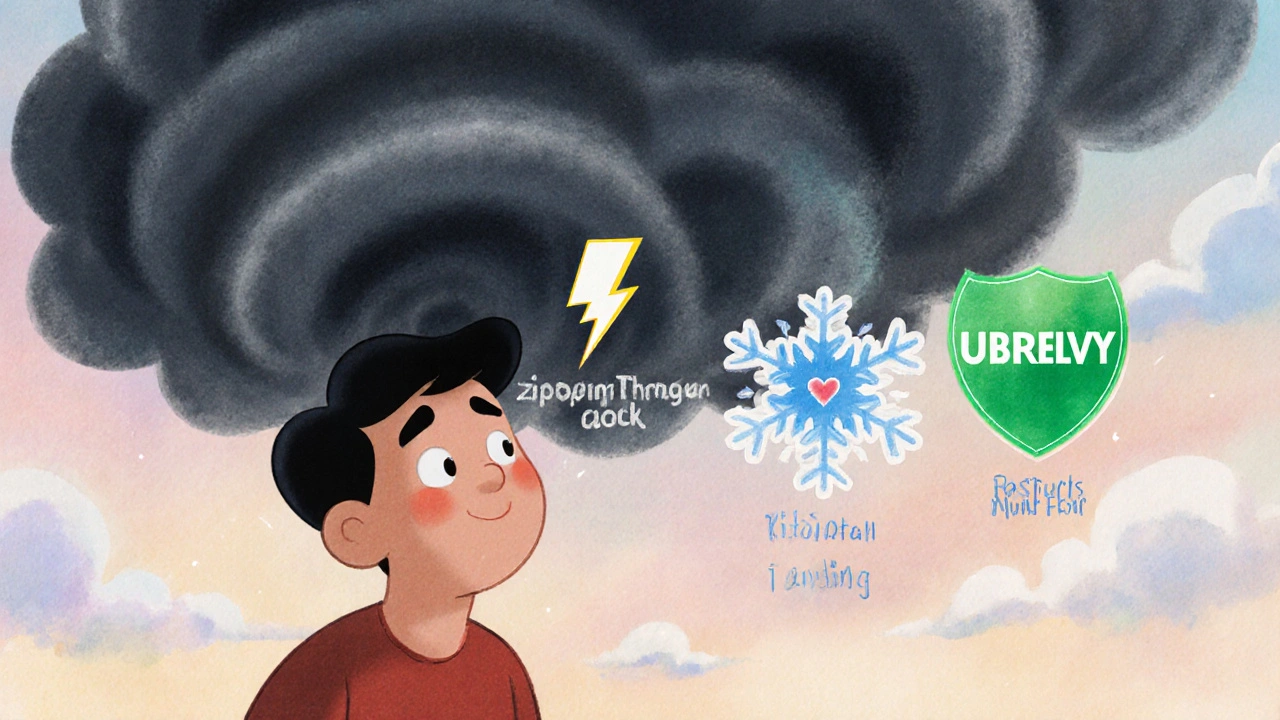A person with a storm cloud above their head, helped by three superhero-like migraine drugs.