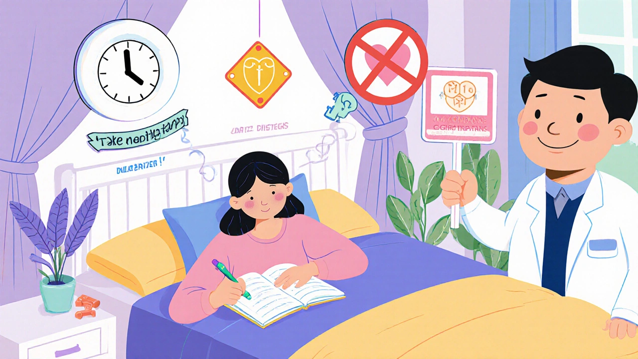 A person writing in a migraine diary surrounded by helpful icons and a smiling doctor.