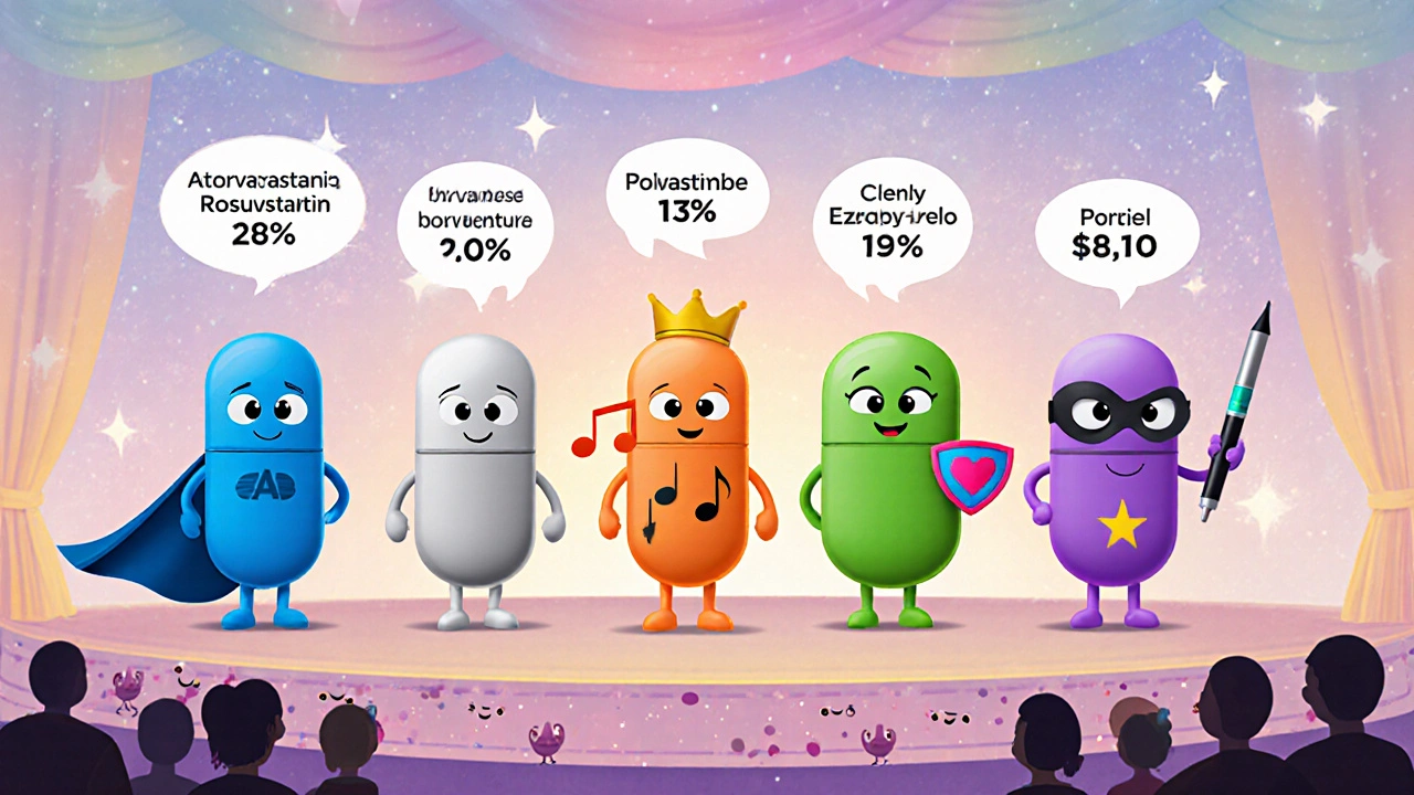 Animated drug characters line up on stage, each showing LDL reduction and price bubbles.
