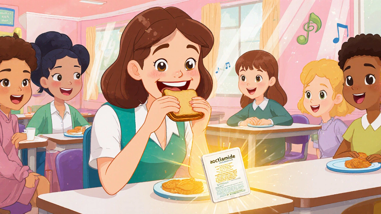 Animated teacher Emma smiling at lunch with a glowing tablet indicating relief.