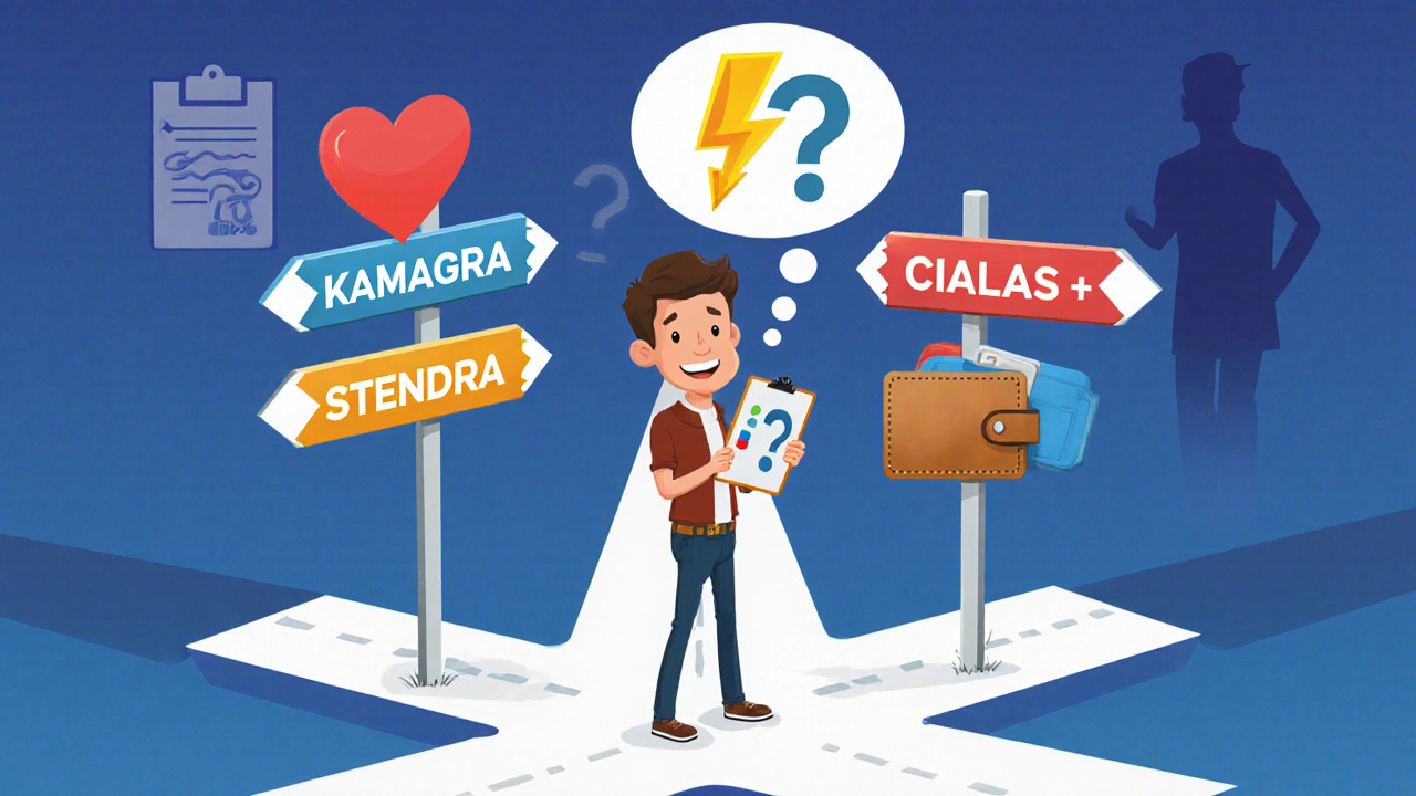Cartoon man at crossroads choosing between fast, long‑lasting, and cheap ED options.