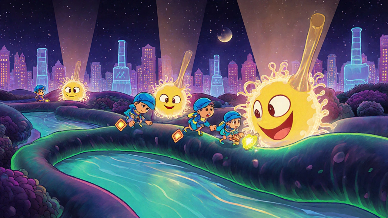 Cartoon neuron interior with happy mitochondria and heroic ALC sprites delivering fuel.