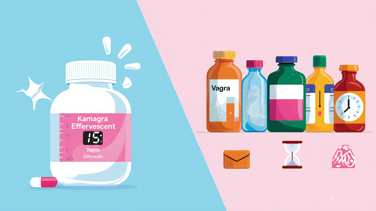 Cartoon split‑screen comparing speed, duration, and cost of various ED meds.
