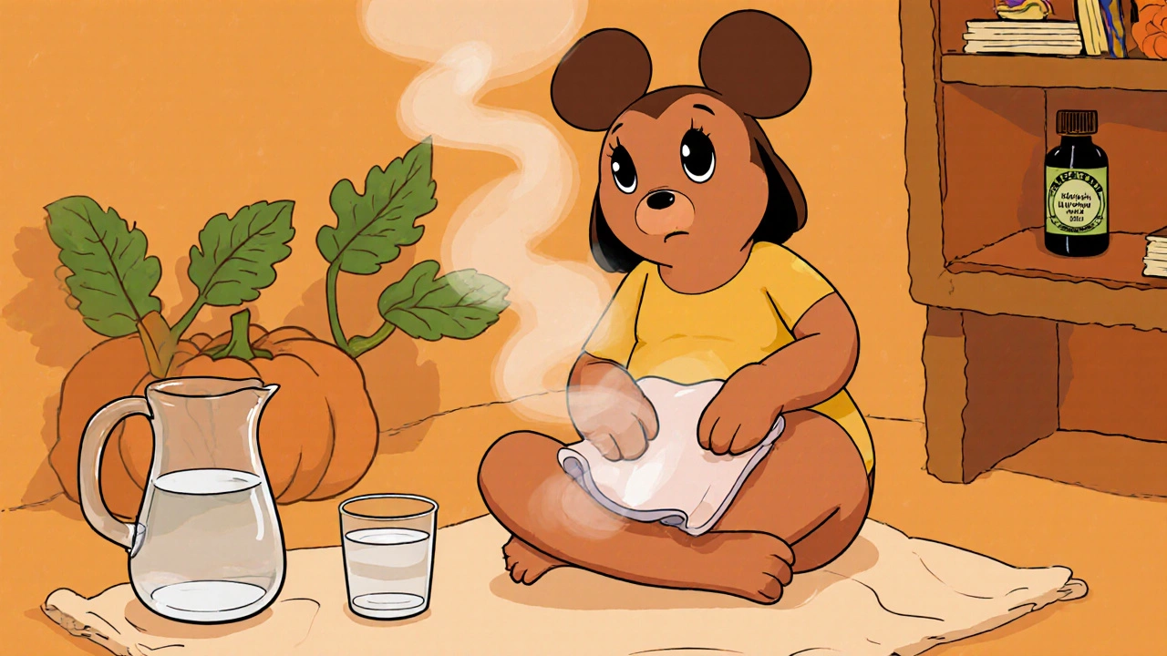 Character applying a warm towel to belly, next to a glass of water and cartoon herbal bottles.