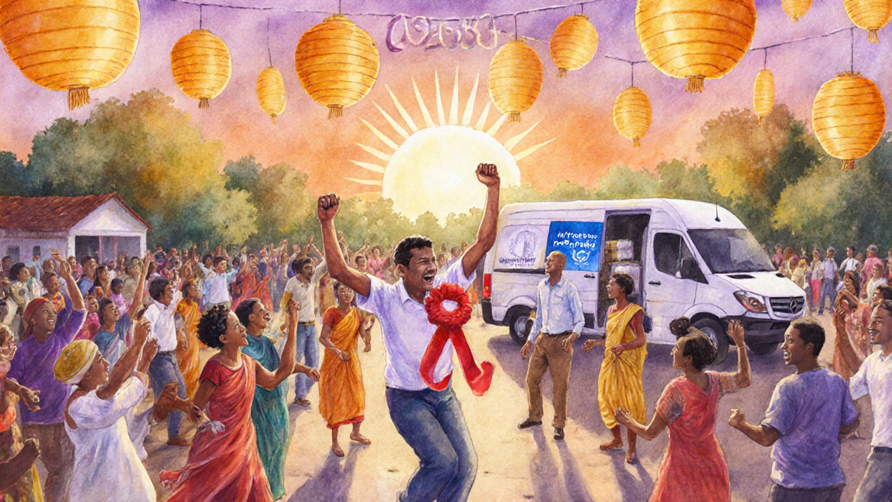 Community celebrates with dancing and a health van after successful leprosy eradication efforts.