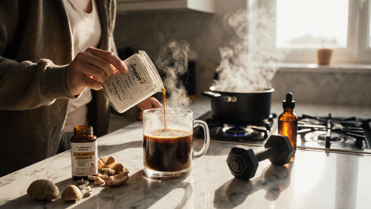 Cozy kitchen scene showing coffee with lion&#039;s mane, reishi capsules, chaga tea, and cordyceps extract.