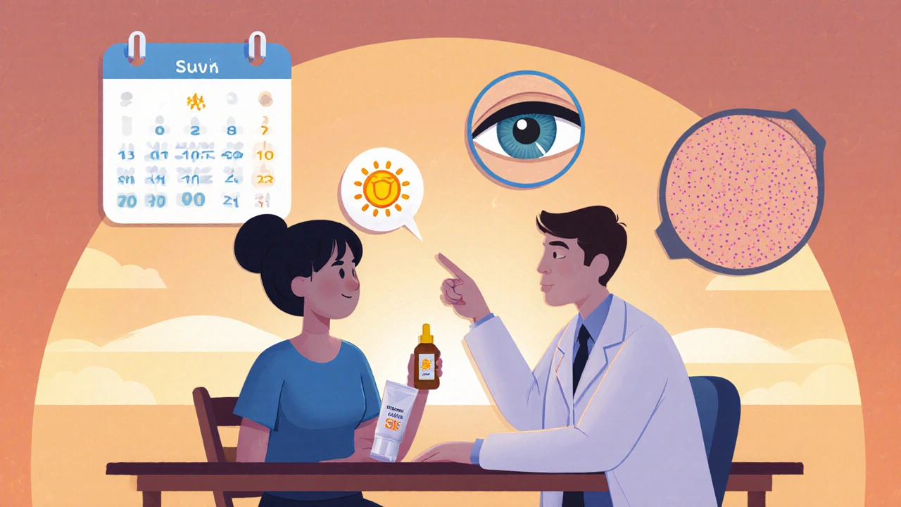 Doctor advising patient on sunscreen and short‑term desonide use.