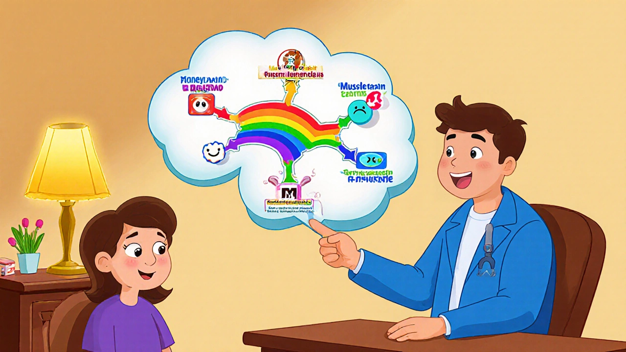 Doctor and patient discuss a colorful road‑map chart of medication options in a cozy office.