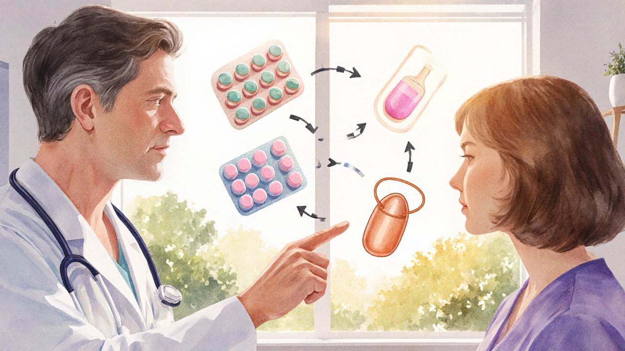 Doctor and patient discussing contraceptive options depicted as floating icons.