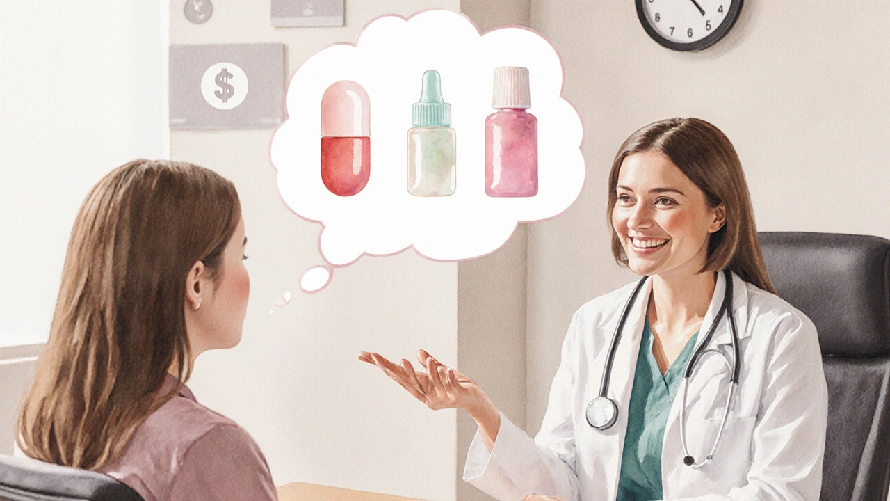 Doctor consulting patient with floating images of progesterone forms.