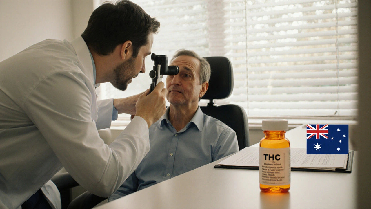 Doctor measuring a patient’s eye pressure while a medical cannabis bottle rests on the table.