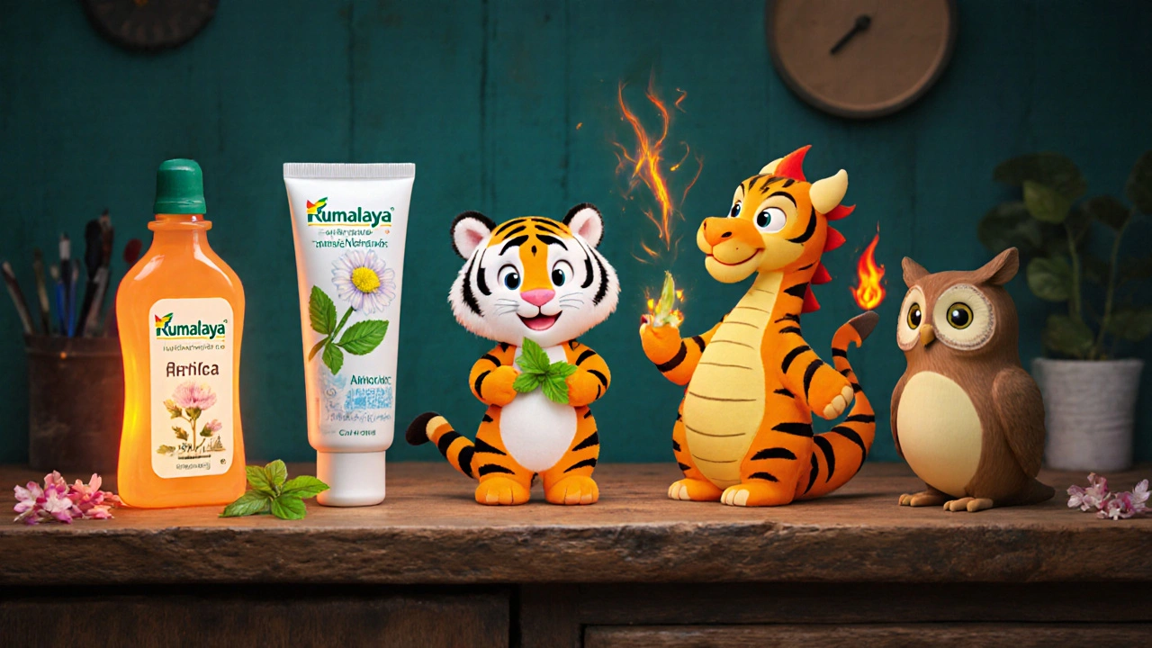 Five animated liniment characters—Rumalaya, Arnica, Tiger Balm, Iodex, Camphor—lined up on a countertop.