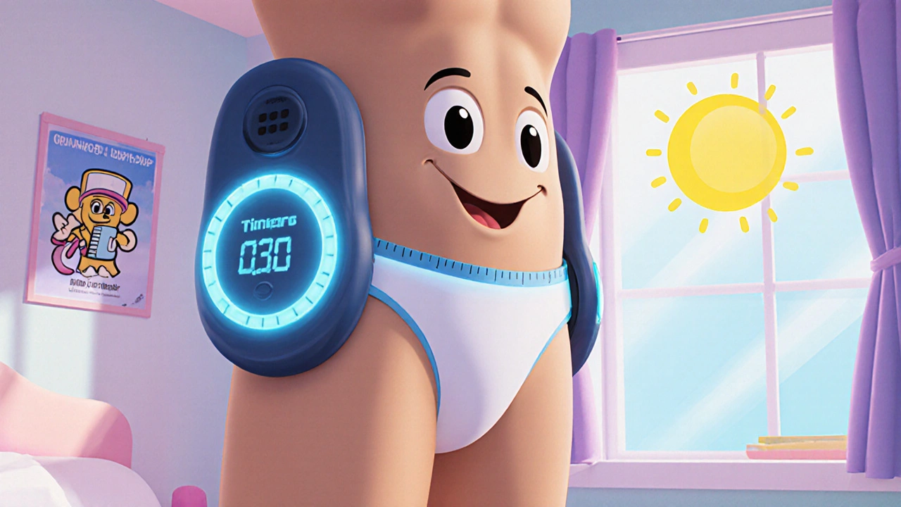 Friendly cartoon traction device gently attached to a modestly dressed torso with a timer.