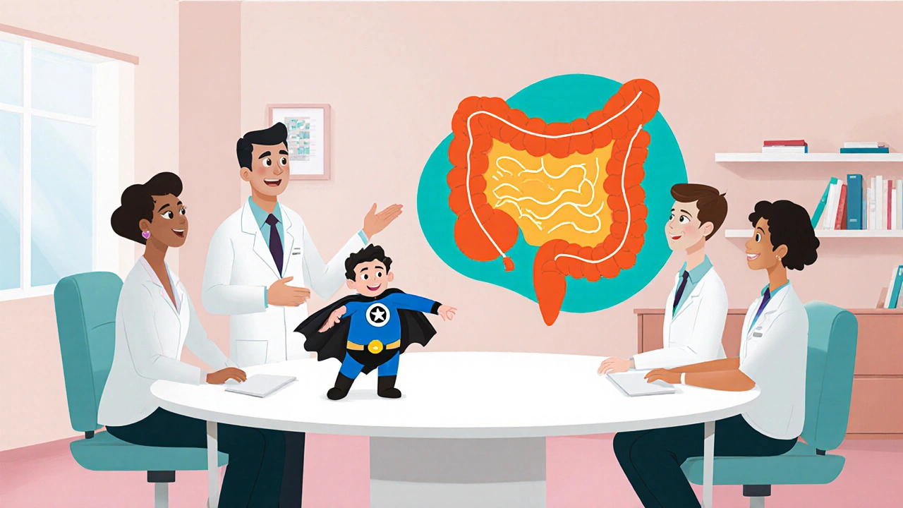 Group of cartoon doctors discussing gut motility with a superhero Acotiamide character.
