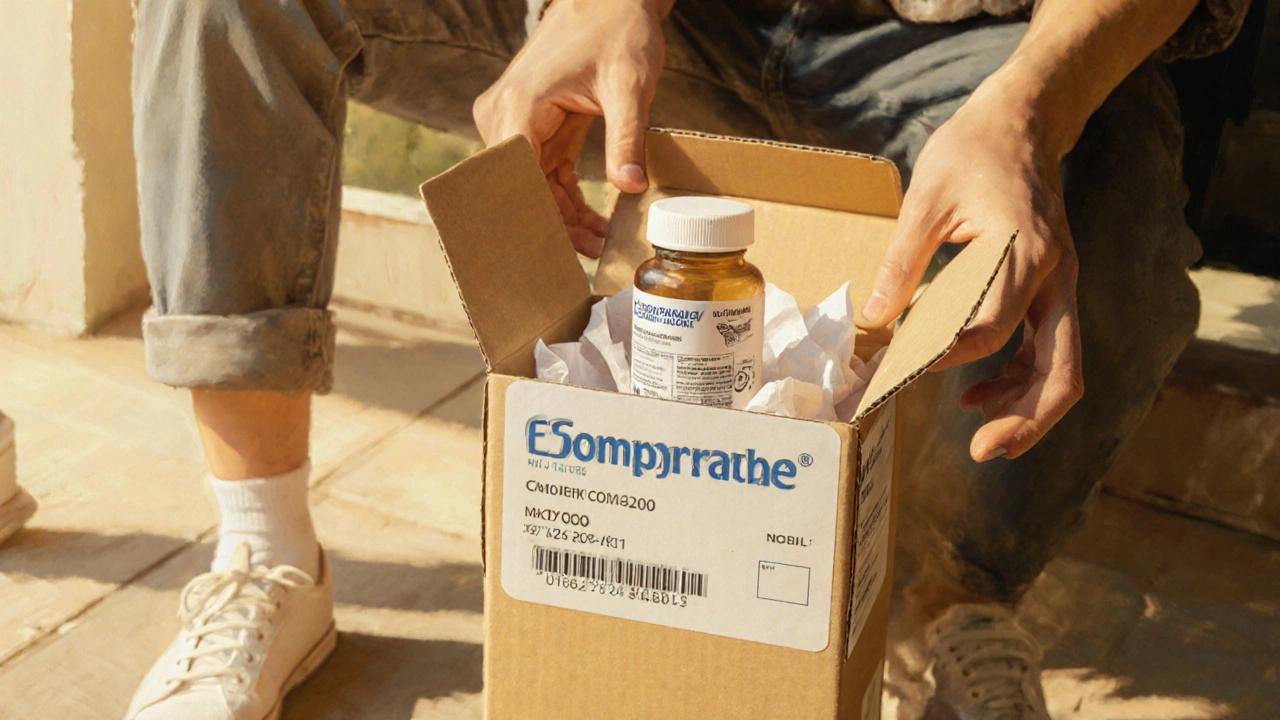 Hand opening a delivery box containing a generic esomeprazole bottle, checking label.