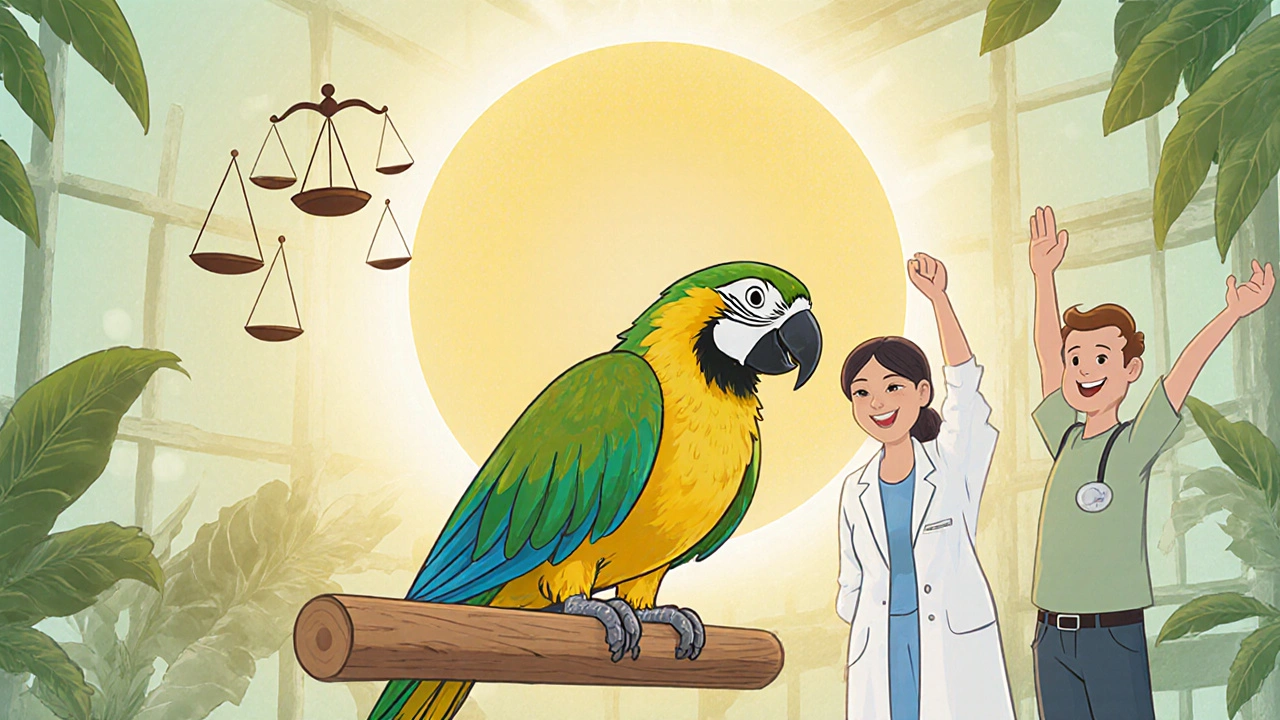 Healthy parrot with glowing aura, vet and owner celebrating its recovery.