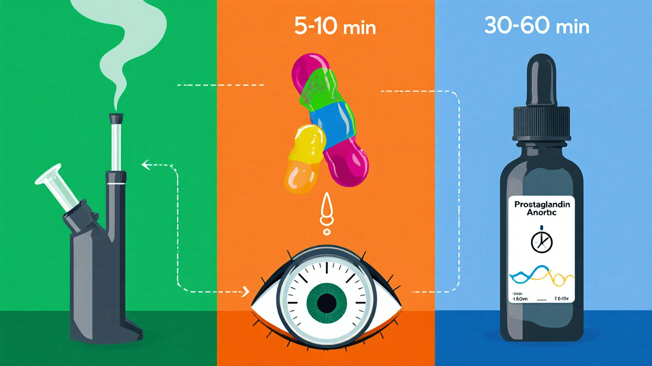 Illustration of smoking, edible, and eye‑drop methods beside an eye gauge indicating pressure drop.