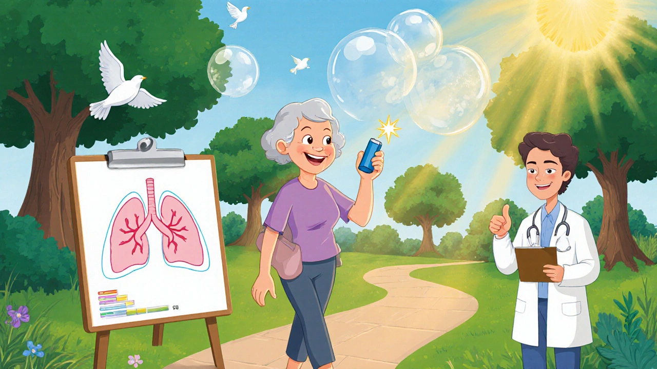 Jane, an elderly woman, walks happily in a park using a soft‑mist inhaler while a doctor gives a thumbs‑up.