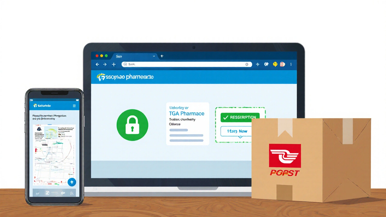 Laptop screen showing secure pharmacy site with TGA badge and prescription upload icon.