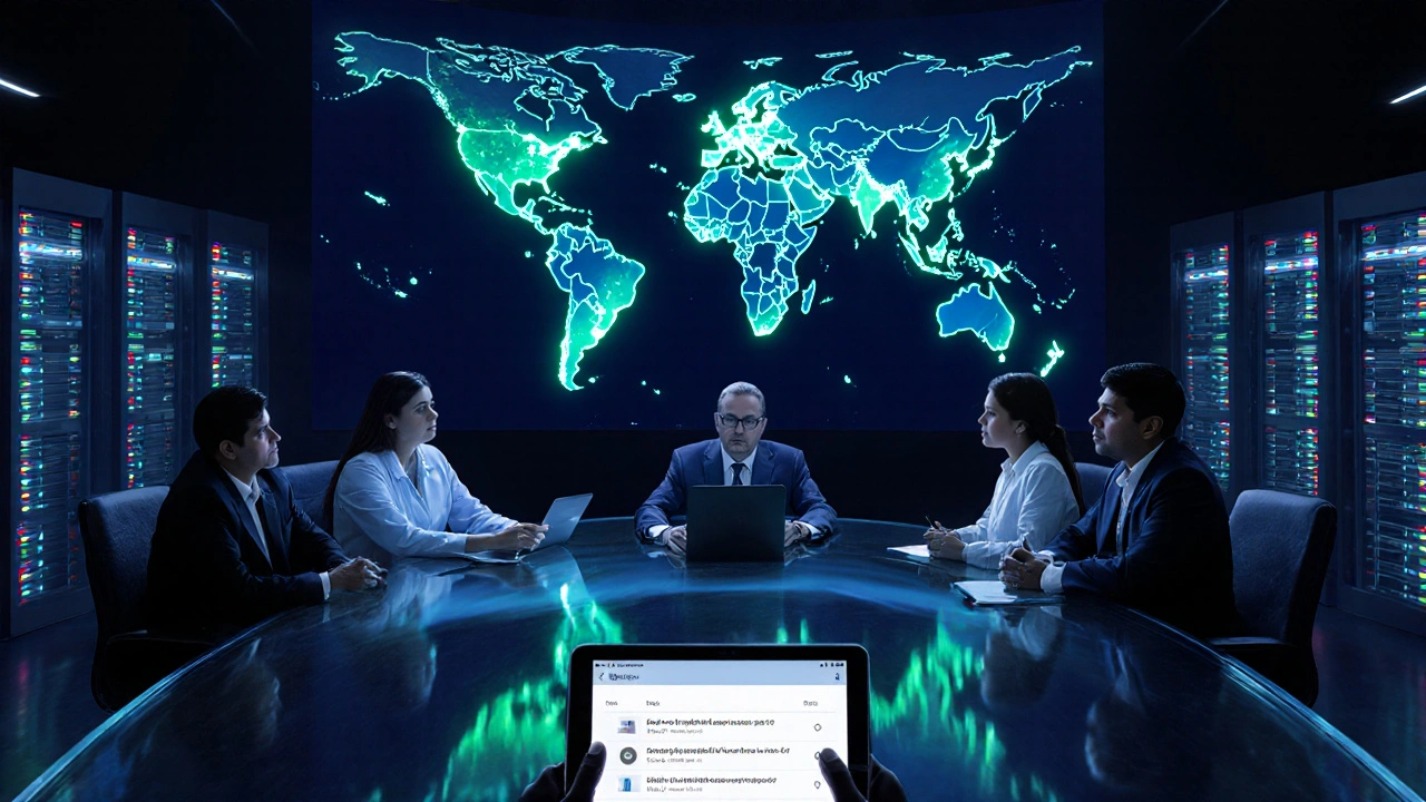 Officials gather around holographic maps showing leprosy hotspots in a high‑tech surveillance room.