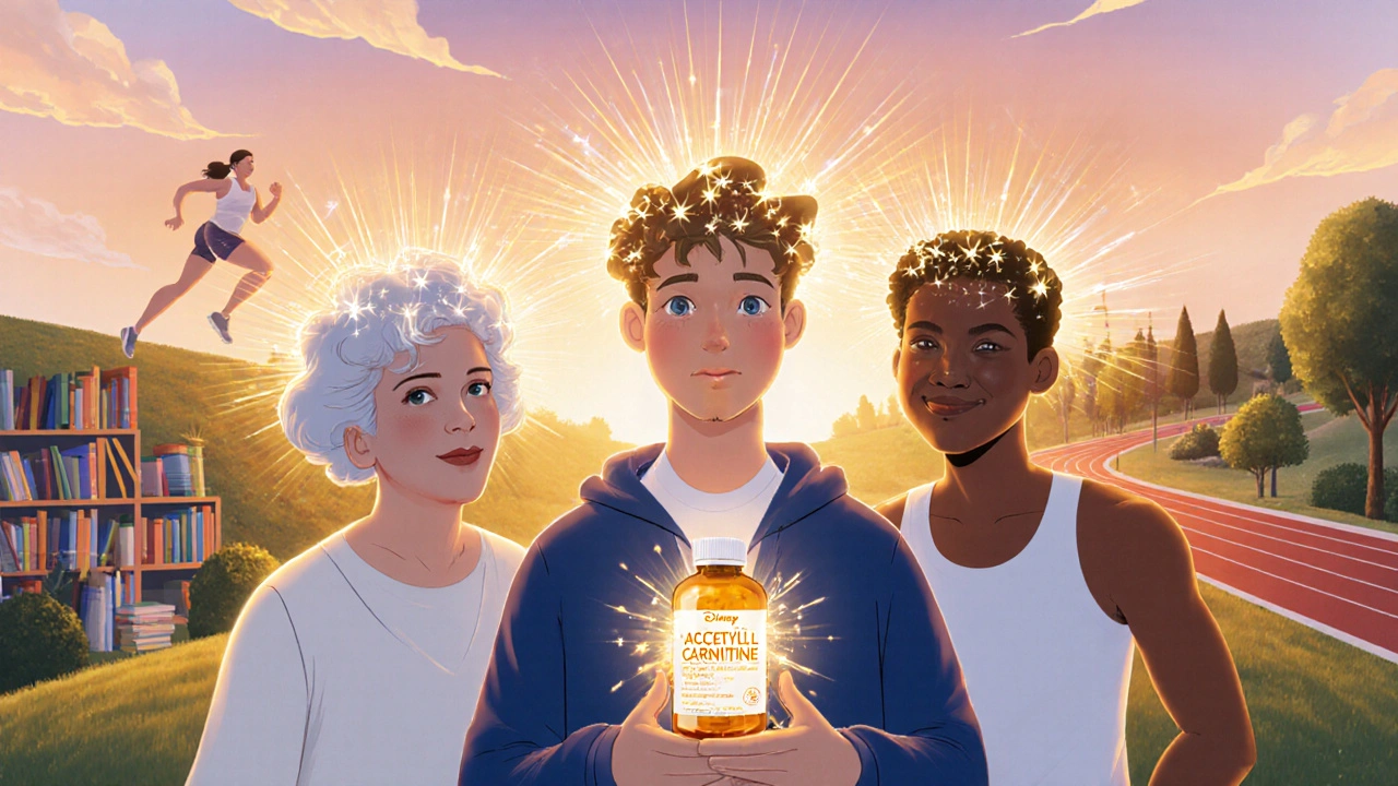 Older adult, student, and athlete with glowing heads holding a sparkling ALC bottle.