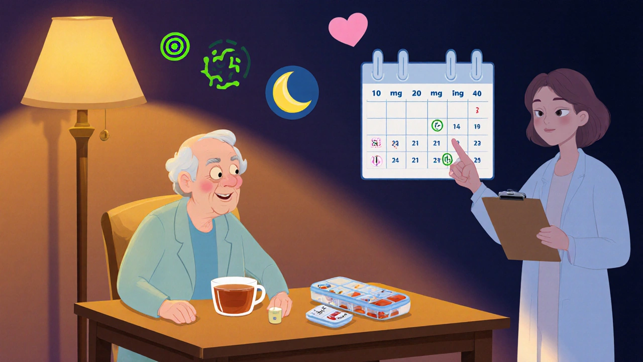 Older patient reviewing titration schedule with doctor at kitchen table.