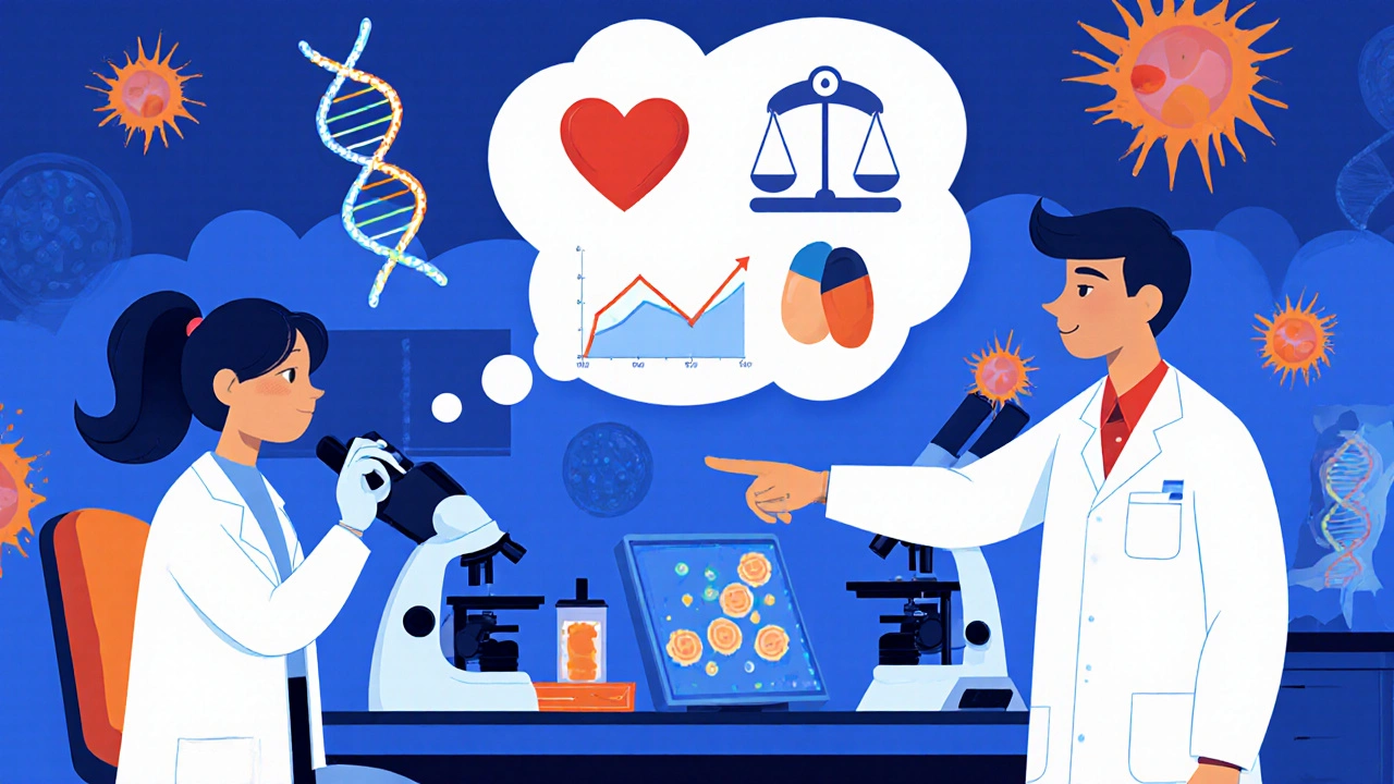 Scientists in lab studying fat cells and weight gain data with glowing medical visuals.