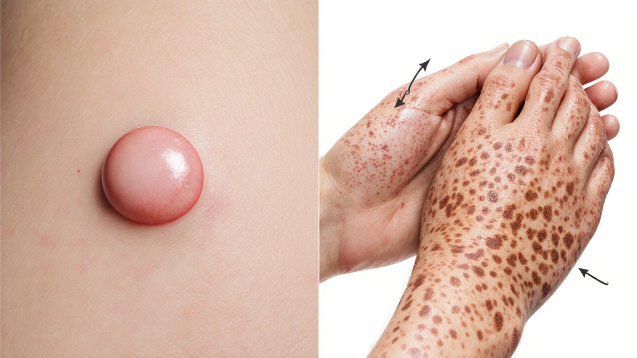 Side view of a painless chancre and a copper rash on palms and soles.