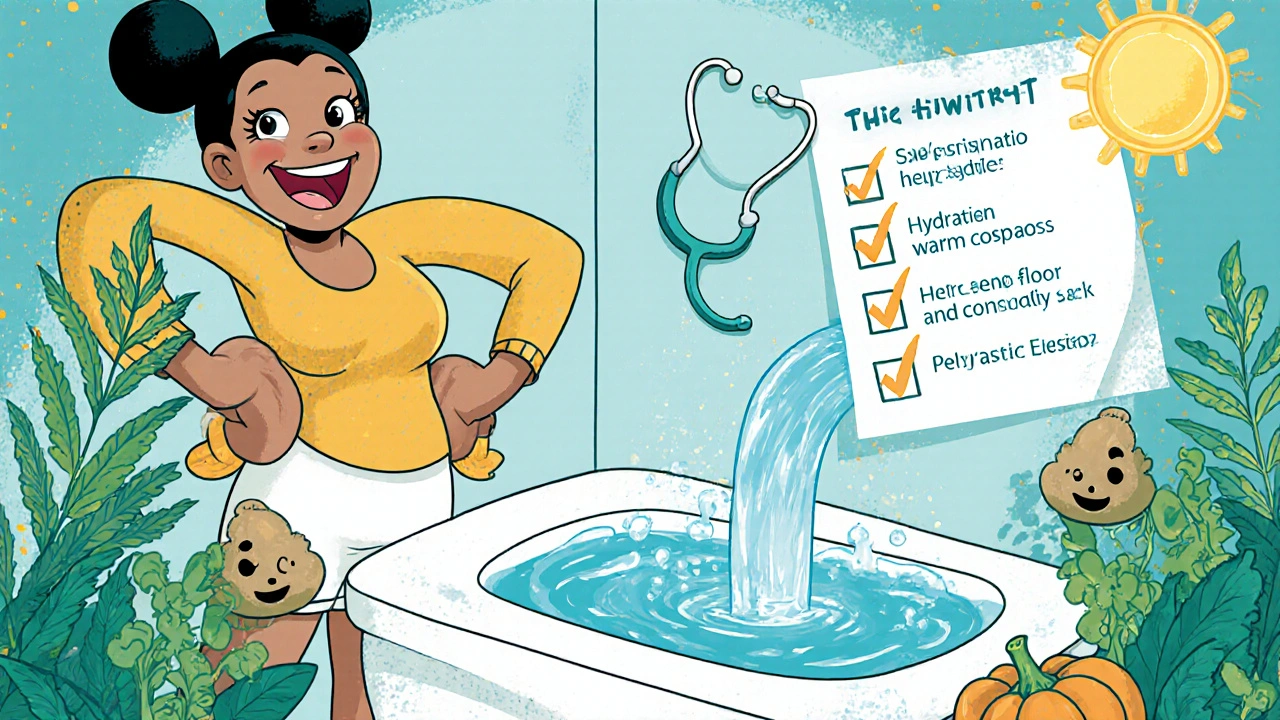 Smiling person in bright bathroom with strong water flow, surrounded by happy herb plants and checklist.
