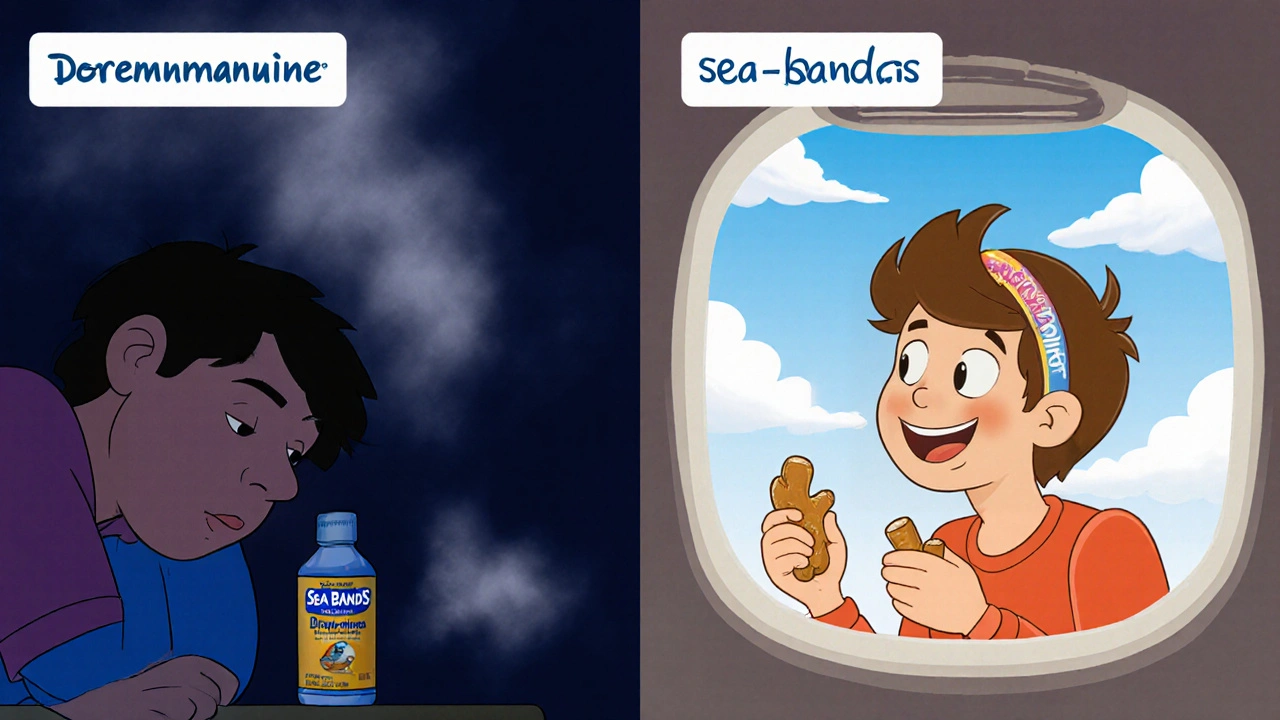 Split illustration: drowsy person with Dramamine vs. alert person using natural motion sickness remedies.