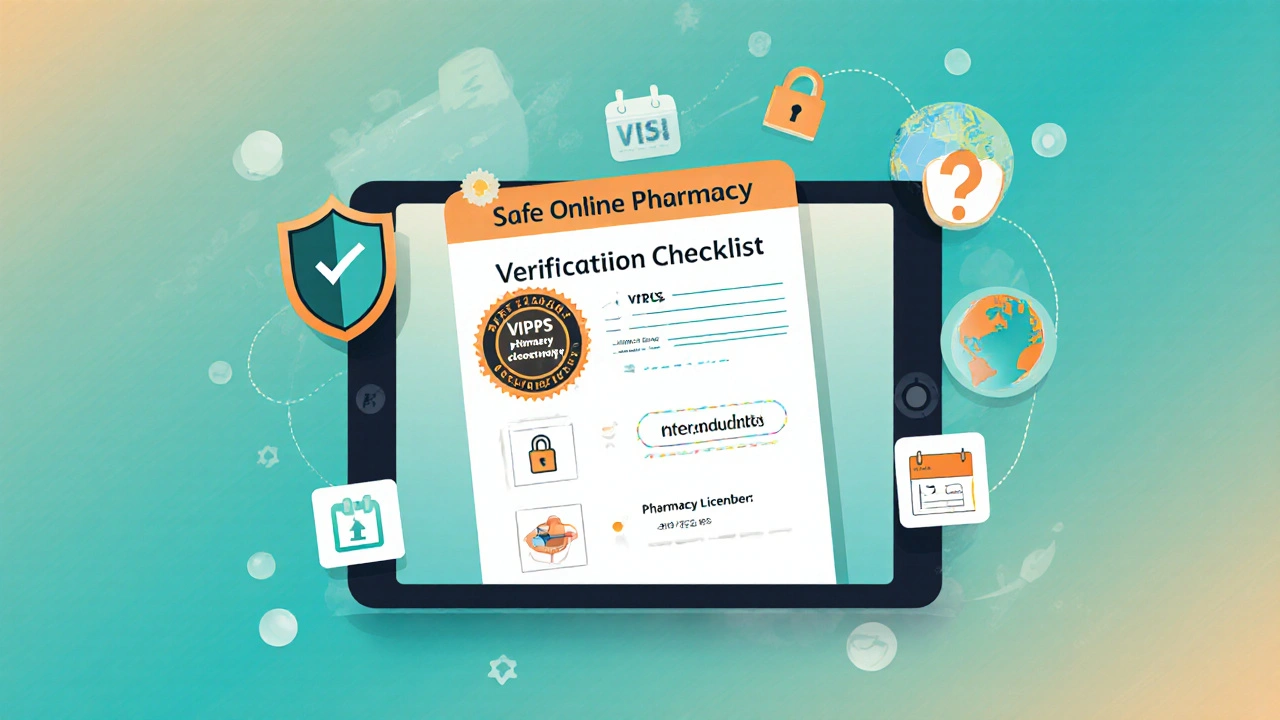 Tablet screen showing pharmacy verification icons: VIPPS seal, HTTPS padlock, license number.