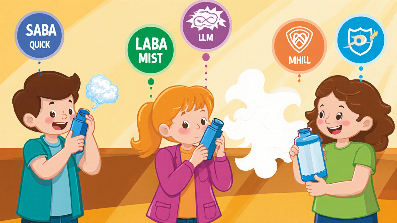 Three Disney characters demonstrate a metered‑dose, dry‑powder, and soft‑mist inhaler with symbols for SABA, LABA, LAMA.