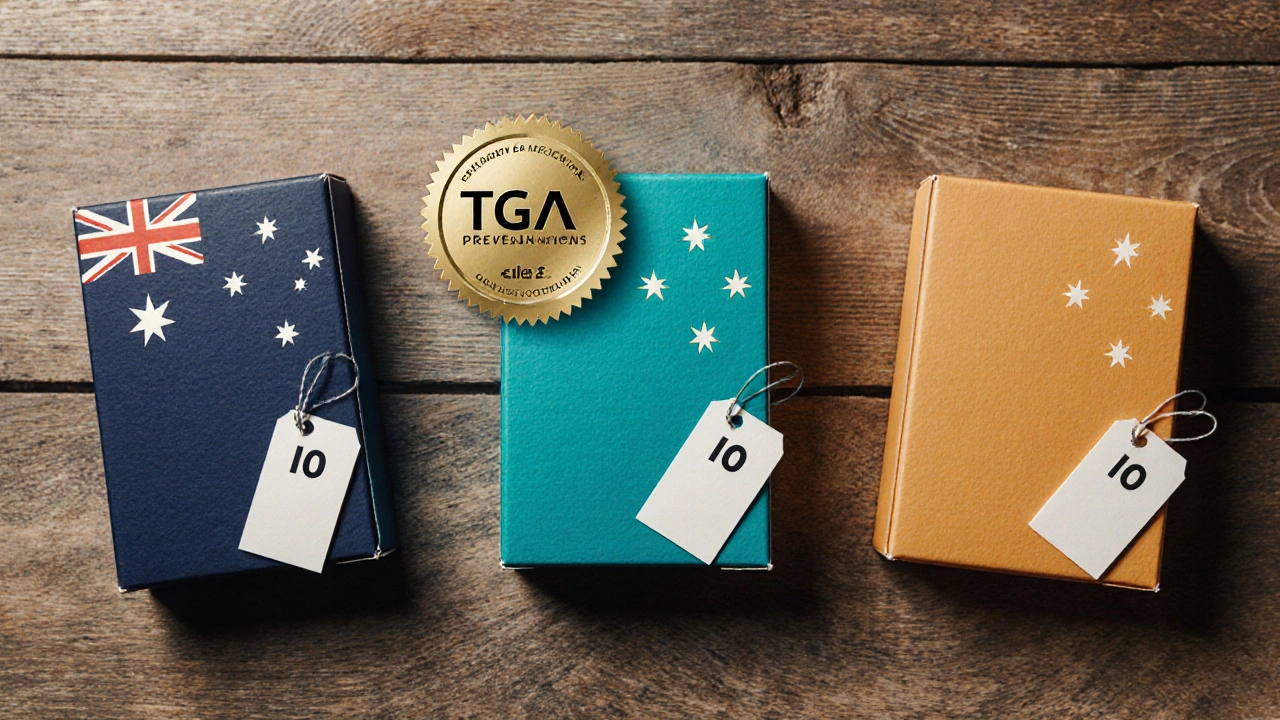 Three medication boxes with distinct colors and seal icons comparing online pharmacies.