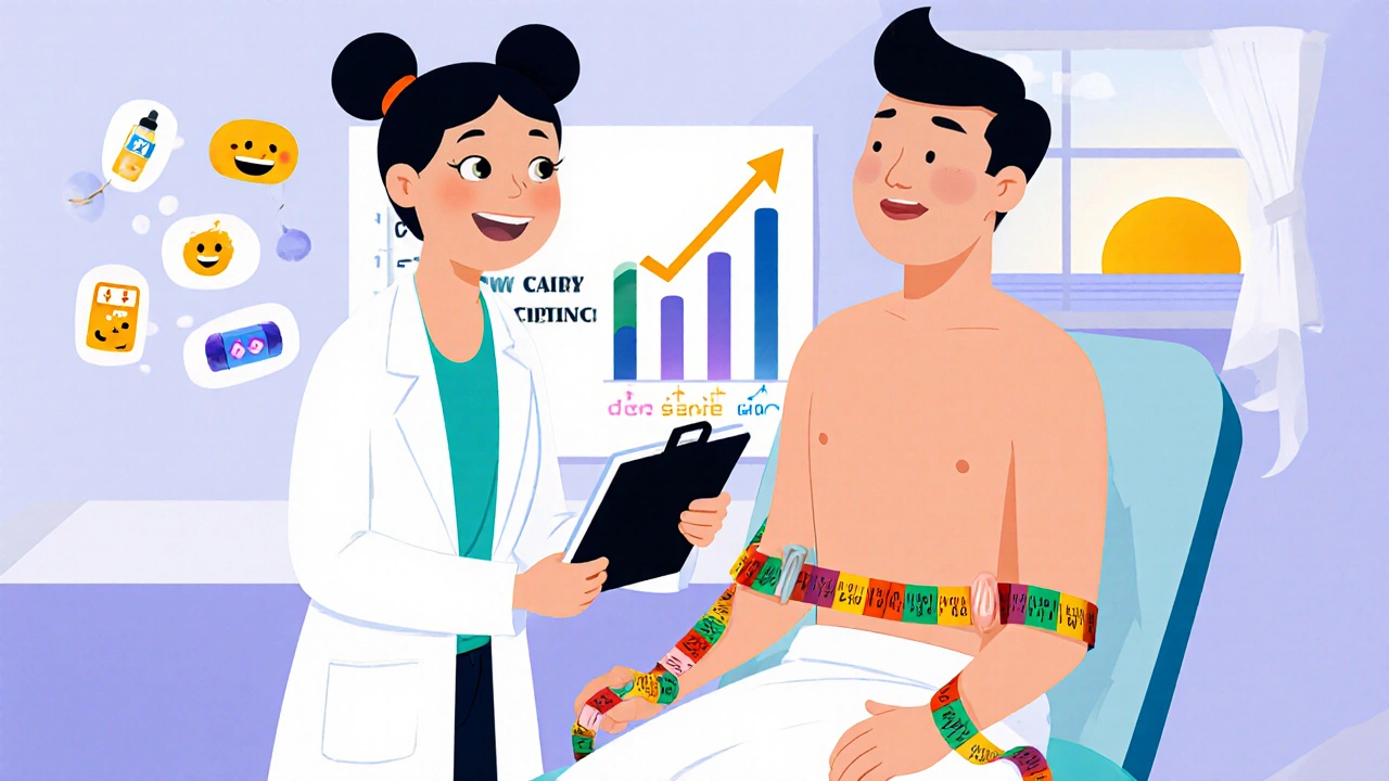Urologist with clipboard measuring a patient, surrounded by a reassuring progress chart.
