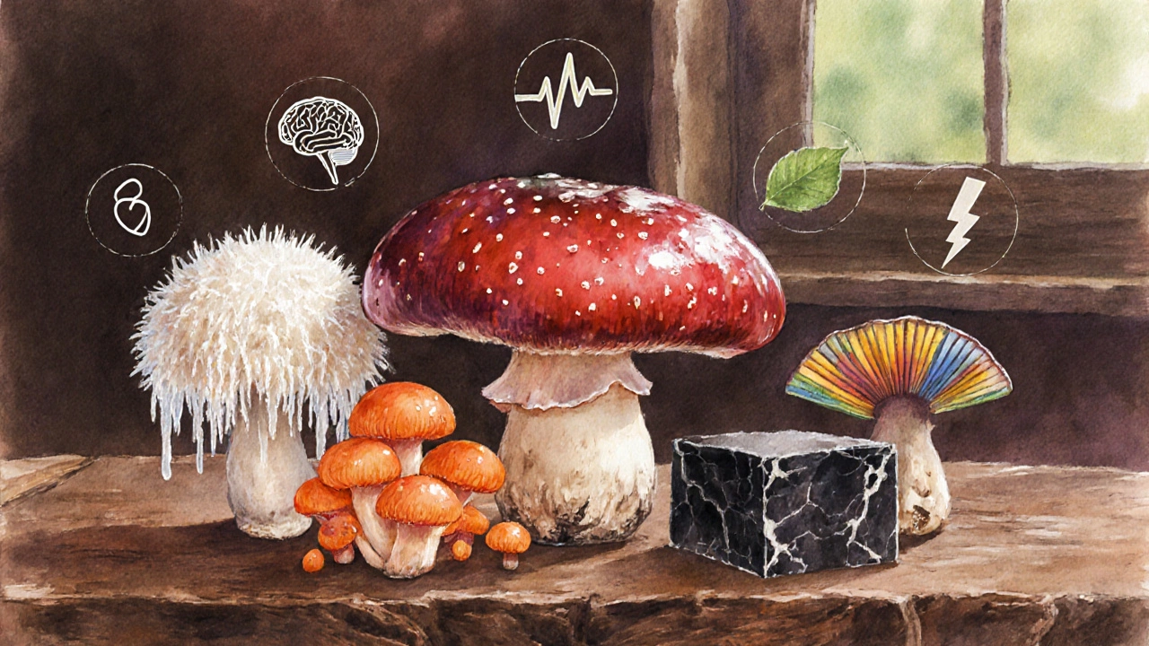 Watercolor still life of Reishi, Lion&#039;s Mane, Cordyceps, Chaga, and Turkey Tail mushrooms with subtle benefit icons.