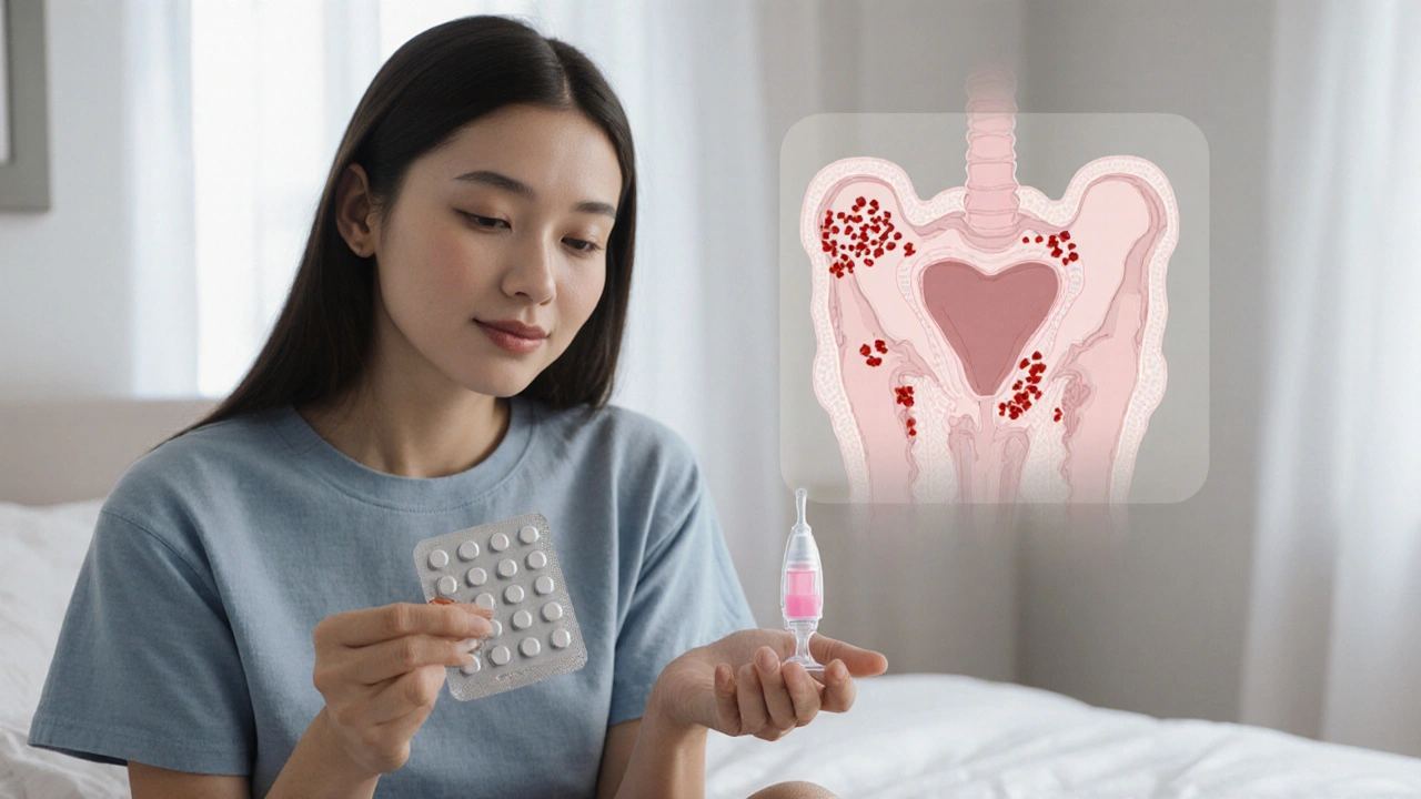 Woman holding birth‑control pills and IUD with faded pelvic lesions in background.
