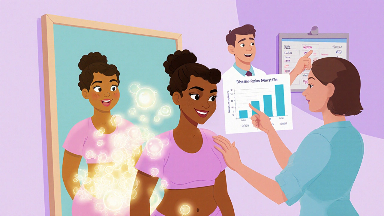 Woman looking in mirror as fat molecules glow nearby, with doctor and friend offering support.