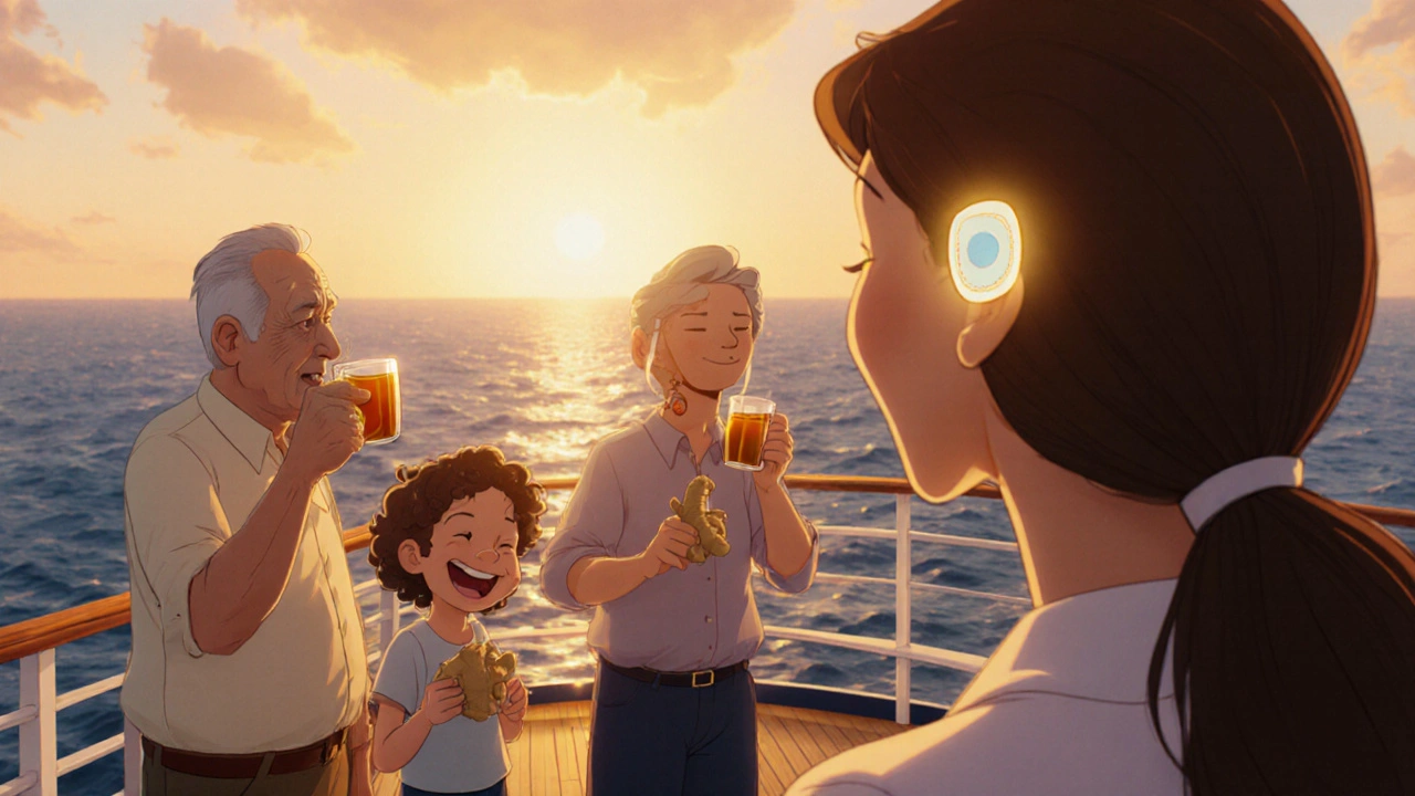 Woman on a cruise ship with a scopolamine patch, drinking ginger tea as the sun sets.