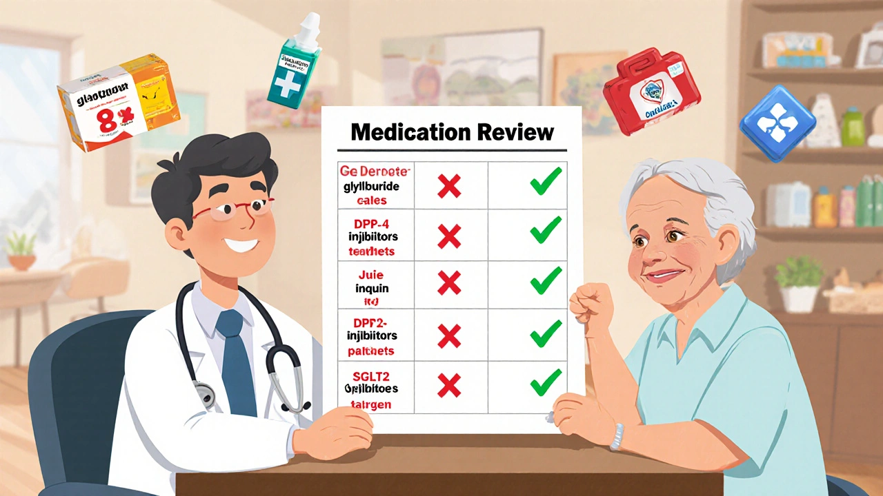 A doctor and pharmacist reviewing medication options with an elderly patient at a kitchen table, replacing risky drugs with safer ones.