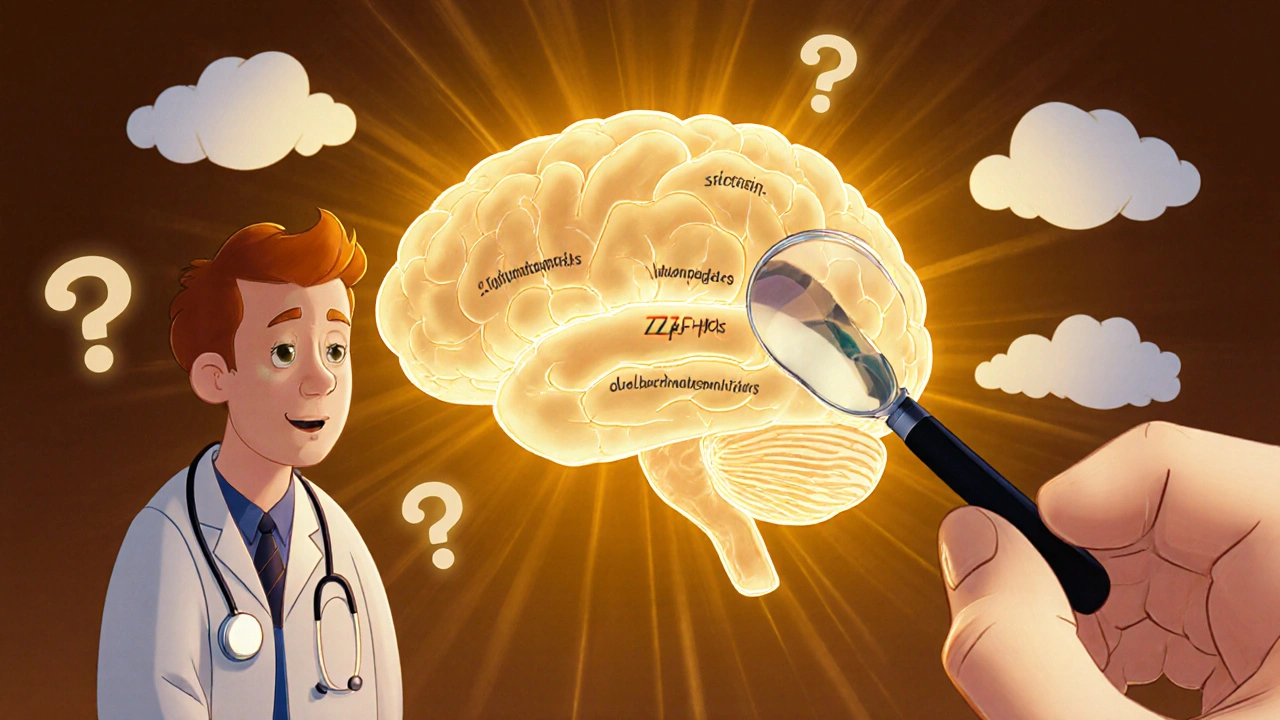 A doctor examining a glowing brain with layers representing different antidepressant mechanisms.