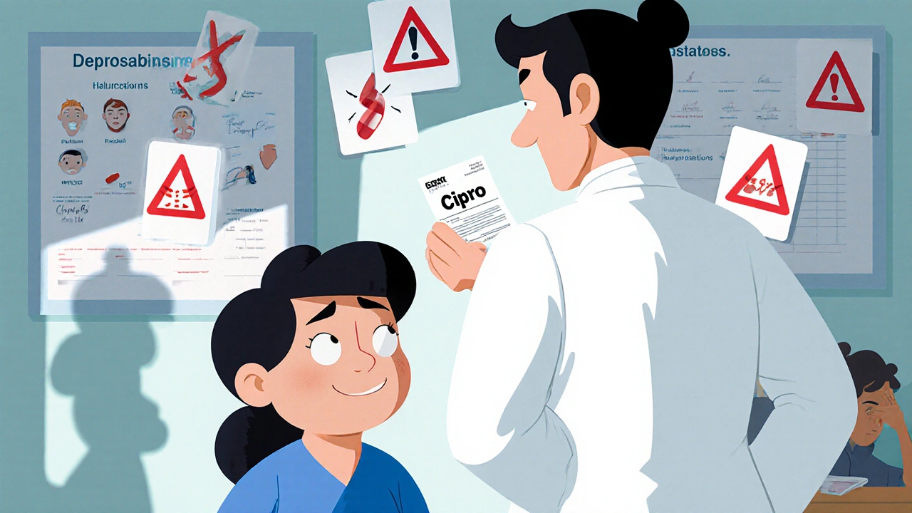 A doctor turns away from a trembling patient as dark mental health icons float behind them.