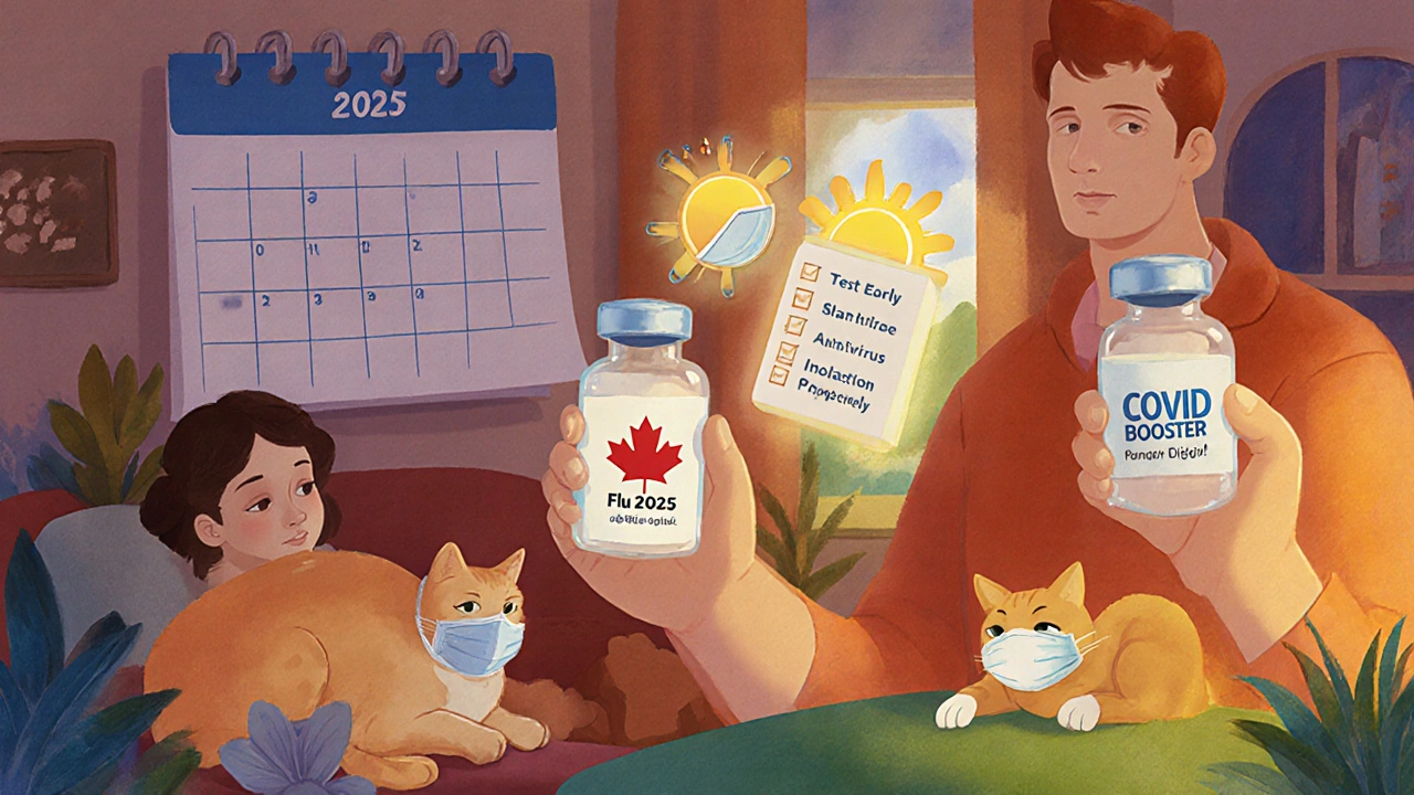 A family holding flu and COVID vaccines, a calendar flipping seasons, and a cat in a mask napping nearby.