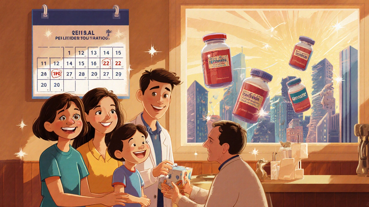 A family receiving generic prescriptions from a pharmacist, with a calendar showing trillions saved and buildings shaped like pill bottles in the background.