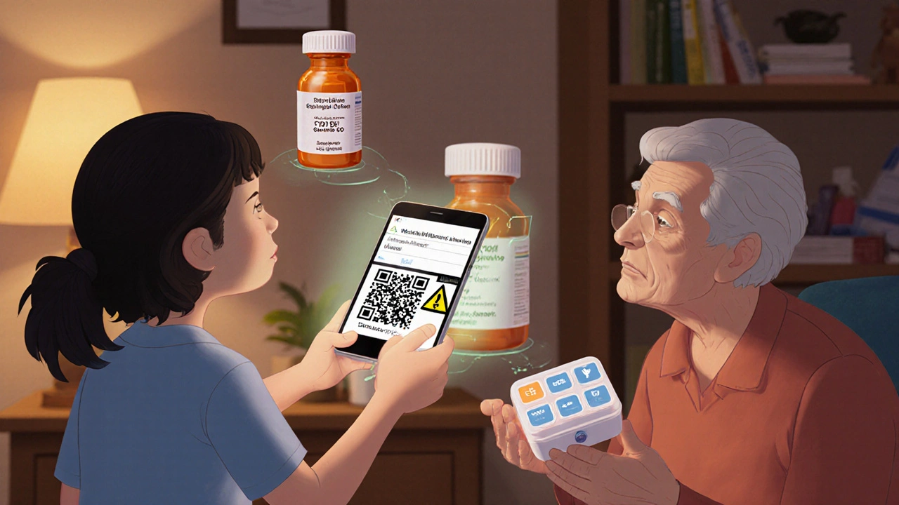 A family uses a smartphone to scan a medicine bottle&#039;s QR code, displaying expiration and storage info on a hologram.
