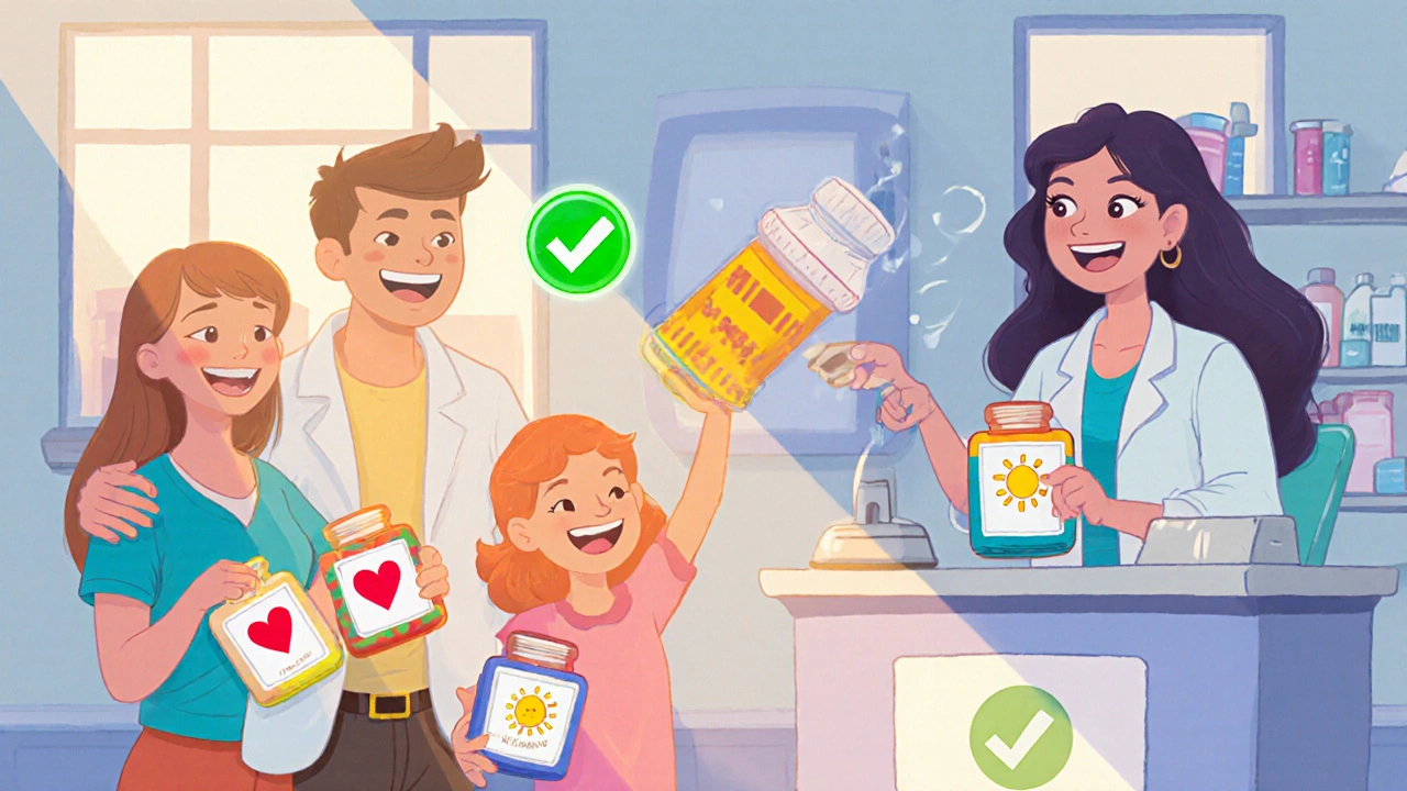 A family uses clean pill bottles as travel cases, while a pharmacist shreds a used bottle at a pharmacy kiosk.