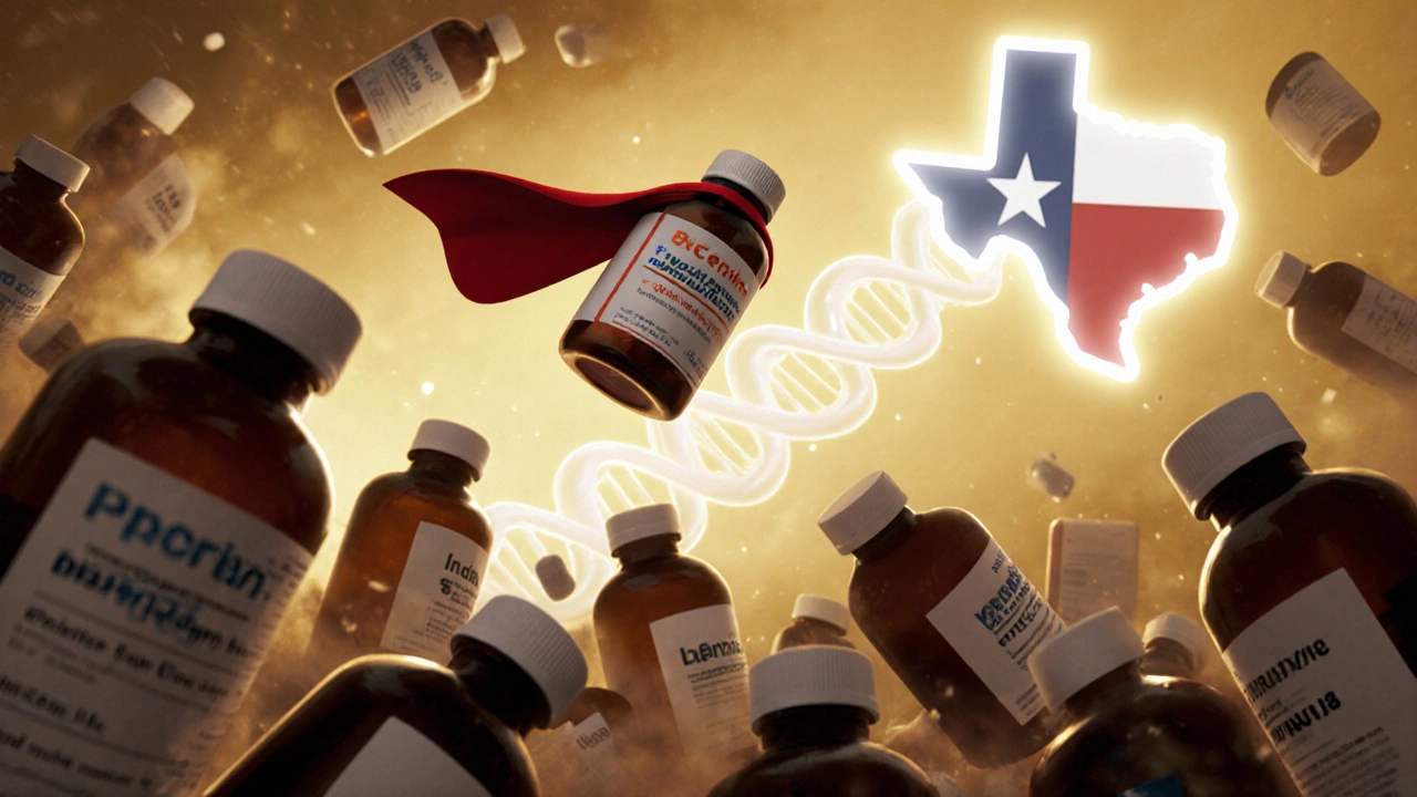 A generic pill with a cape defeats brand-name bottles as DNA and Texas flag glow in the distance, Disney animation style.