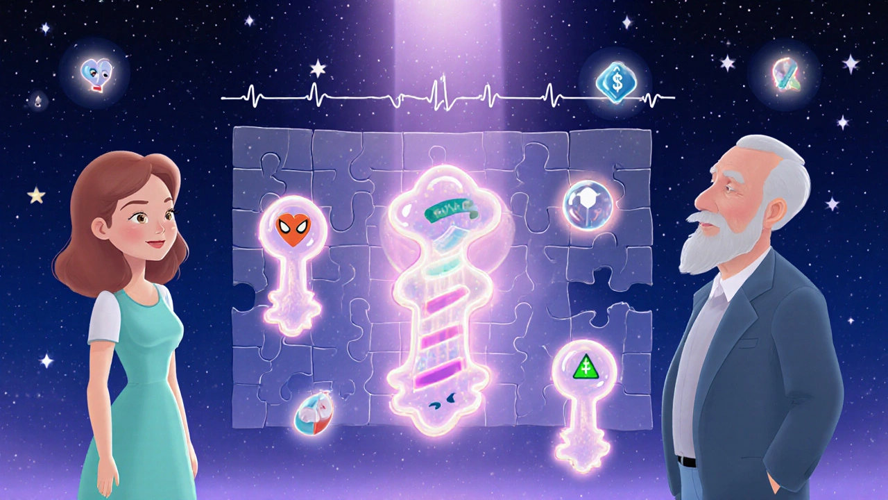 A genetic puzzle with hERG channels blocked by drug-shaped villains, with patients showing elongated heart rhythms.