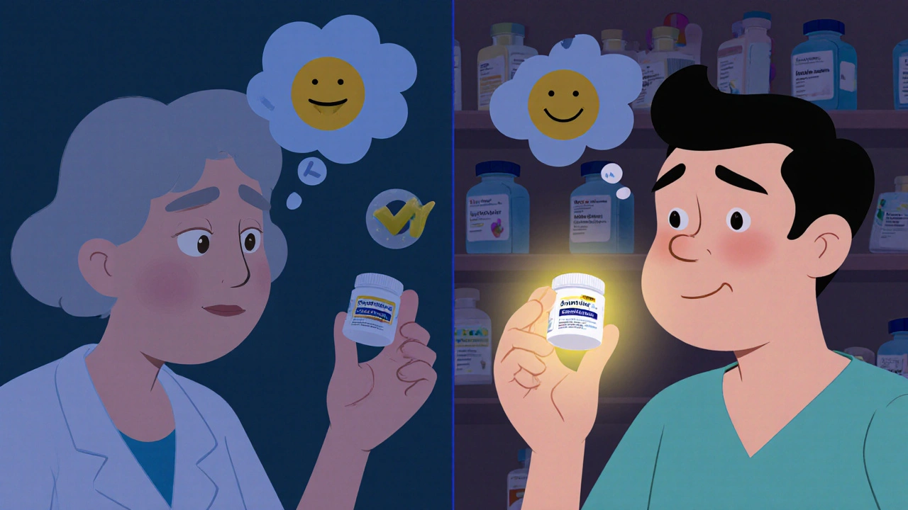 A patient compares pills: one causes worry, the other brings calm because it looks exactly like the brand.