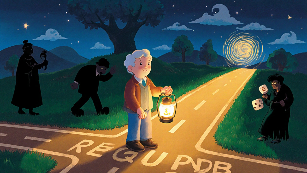 A patient holds a pill like a lantern at a crossroads, leaving side effects behind toward a bright path.