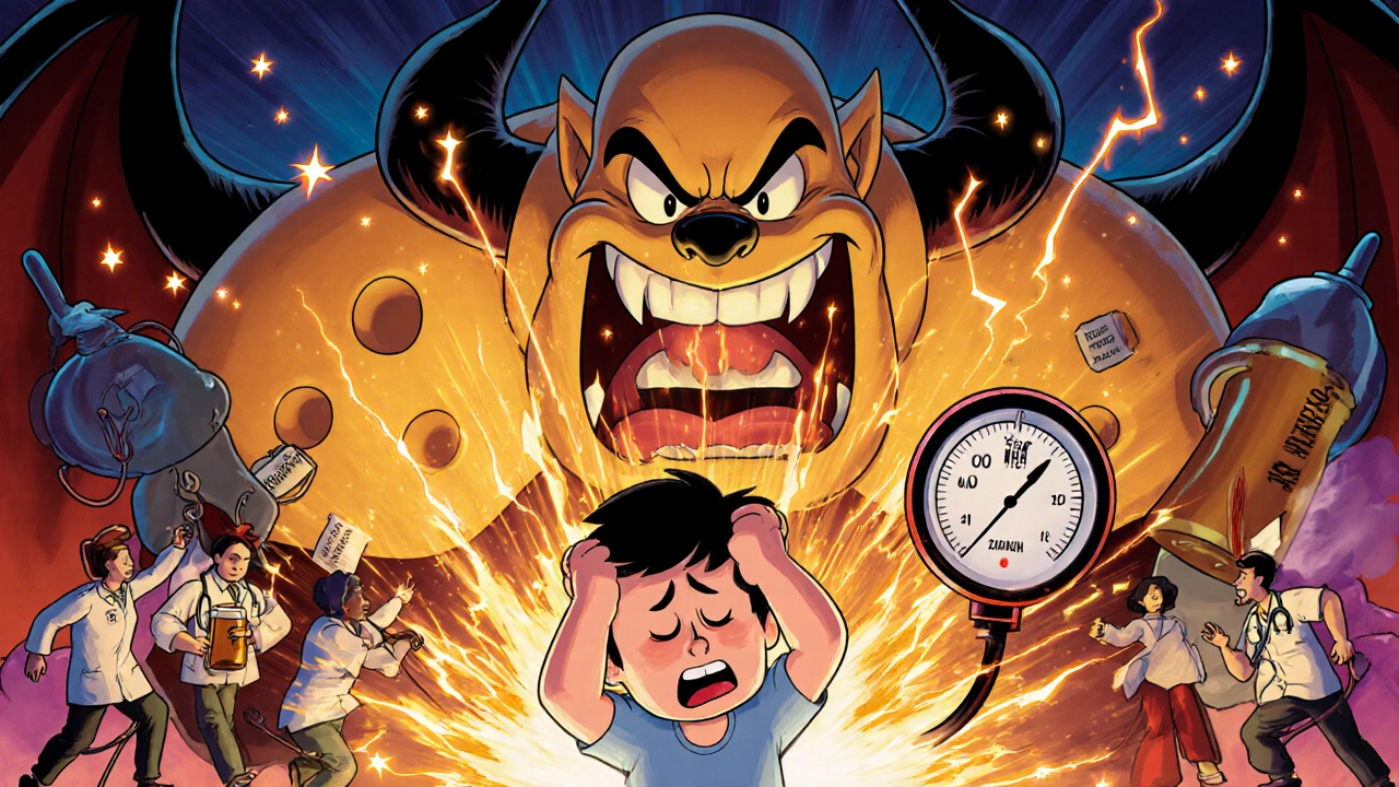 A patient in pain as blood pressure spikes dramatically, with dangerous foods looming like villains.